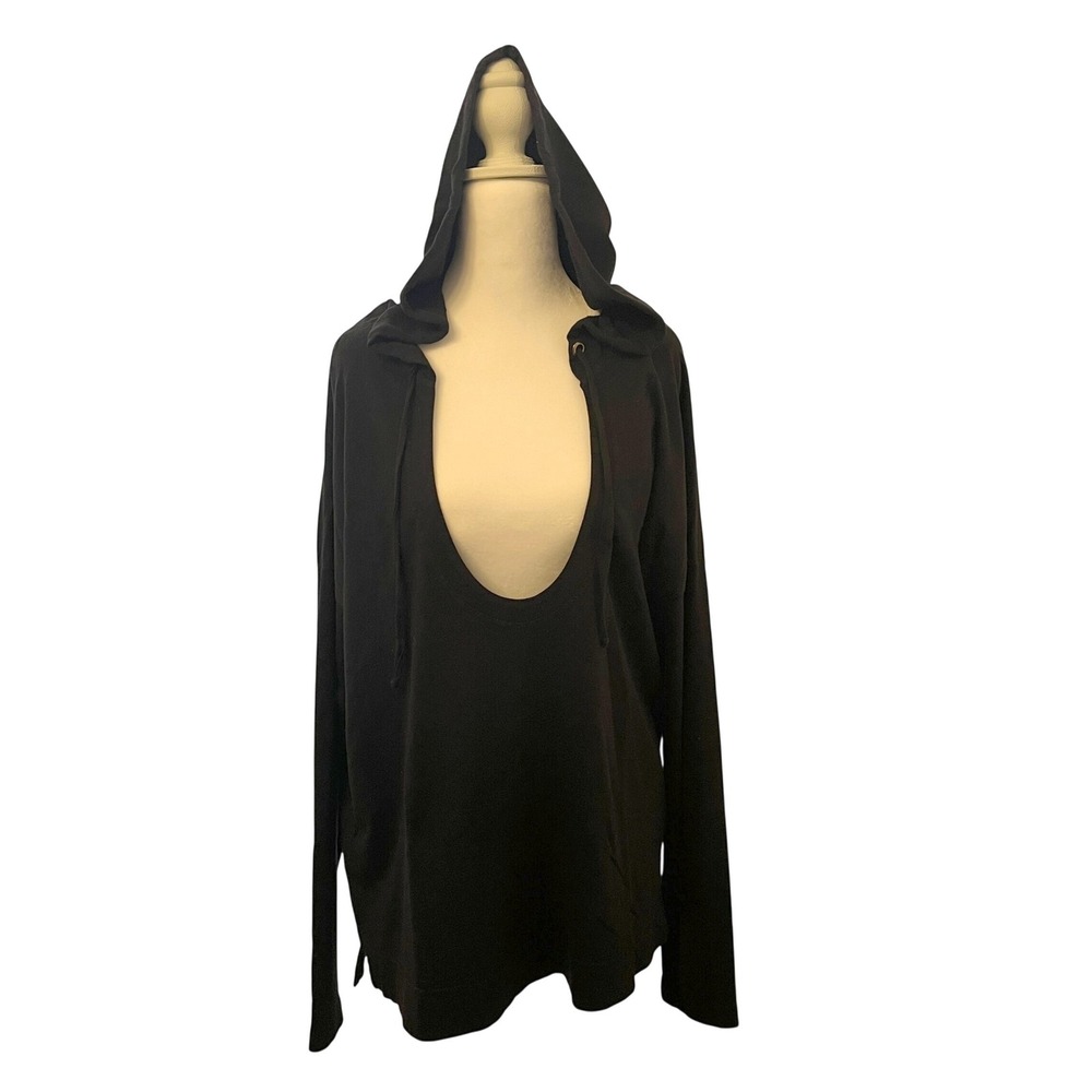 XCVI Hoodie Sweatshirt L Black Mixed Media Tencel Cotton Scoop Neck Loungewear